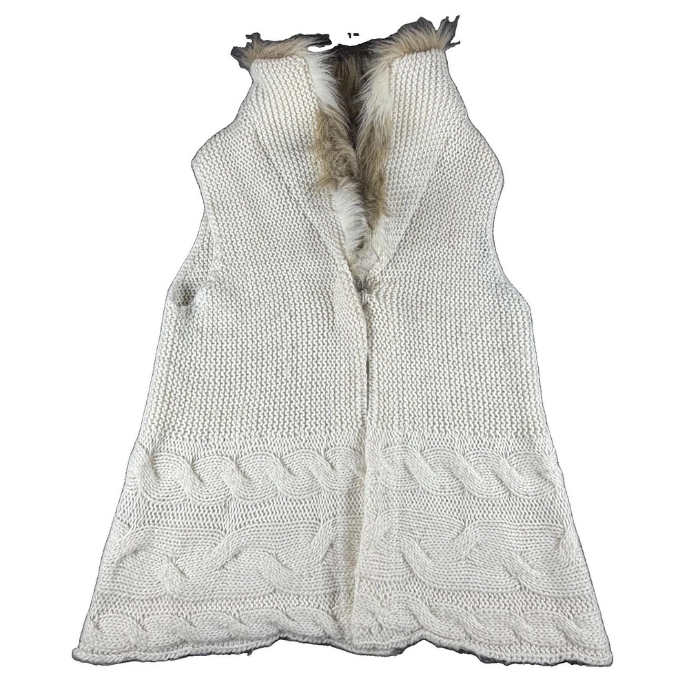 Madison Sweater Vest Womens Large White Cable Knit Faux Fur Trim Open Front